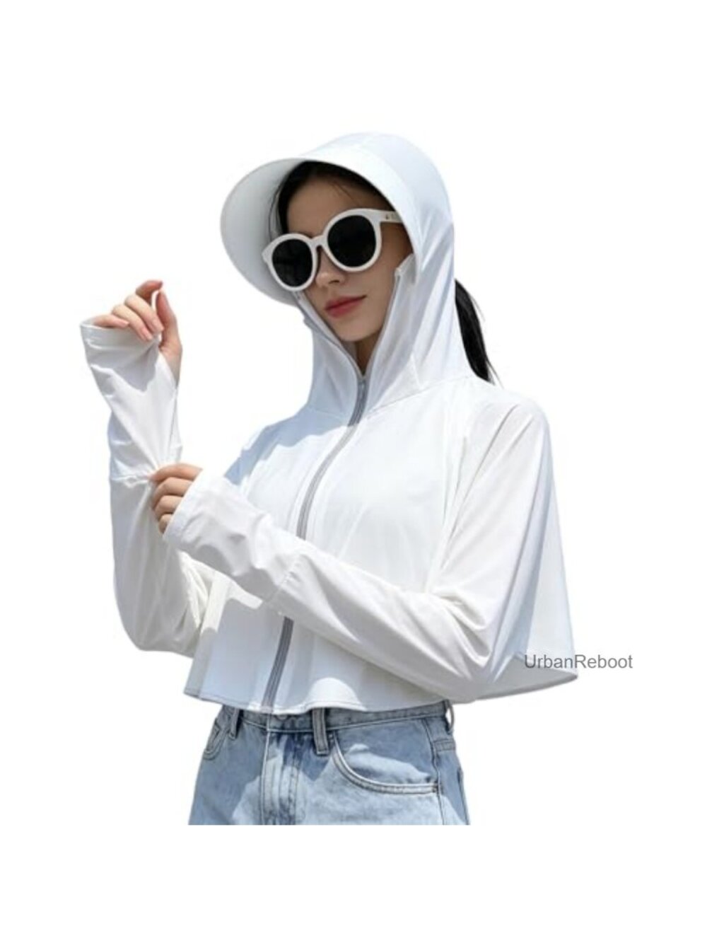 Lightweight Nylon Spandex Cropped Hoodie Zip Jacket UPF 50+ Sun Protection